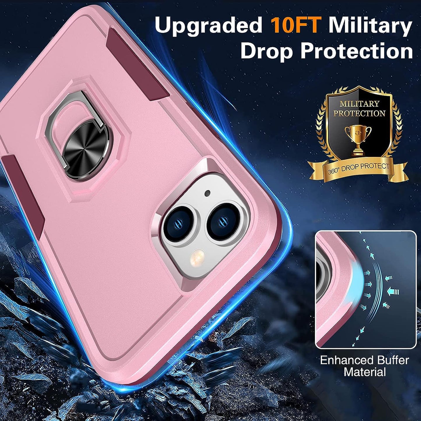 Oterkin for Iphone 14 plus Case, [4 in 1] Iphone 14 plus Phone Case with [2Pcs 9H HD Tempered Glass Screen Protectors][360°Rotatable Stand Ring][10Ft Military Grade] Case for Iphone 14 plus (Pink)  Oterkin   