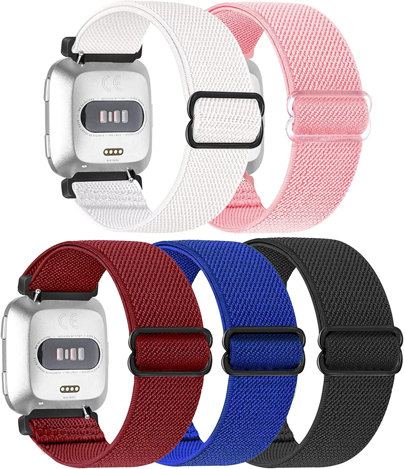 5 Pack Elastic Nylon Bands Compatible with Fitbit Versa/Versa 2 / Versa Lite/Versa SE for Women Men, Adjustable Breathable Fabric Sport Elastic Wristband for Fitbit Versa Smart Watch  GLMDKAI Combination 5  