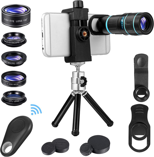 Cell Phone Lens 6 in 1 Phone Camera Lens Kits with 18X Zoom Telescope Lens, Fisheye, Macro, Wide Angle, Kaleidoscope, CPL Lens, Tripod Clip-On Lens for Iphone X XS Max 8 7 6 plus Samsung Google Pixel  Fgzefort   