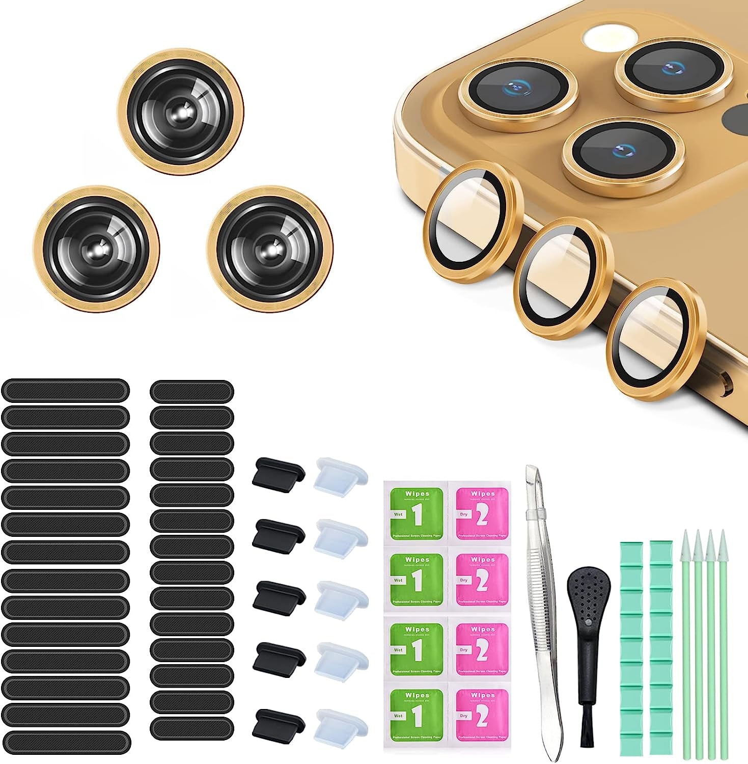 16 PCS Iphone Metal Speaker Dust Cover (8PCS Black and 8PCS Silver) 2PCS Iphone Metal Dust Plug 10PCS Silicone Dust Plugs,With Cleaning Tools Compatible Iphone 12/13 /14 Pro/Pro Max/Iphone Series  Pohgelan Gold iphone 13Pro/Pro Max 