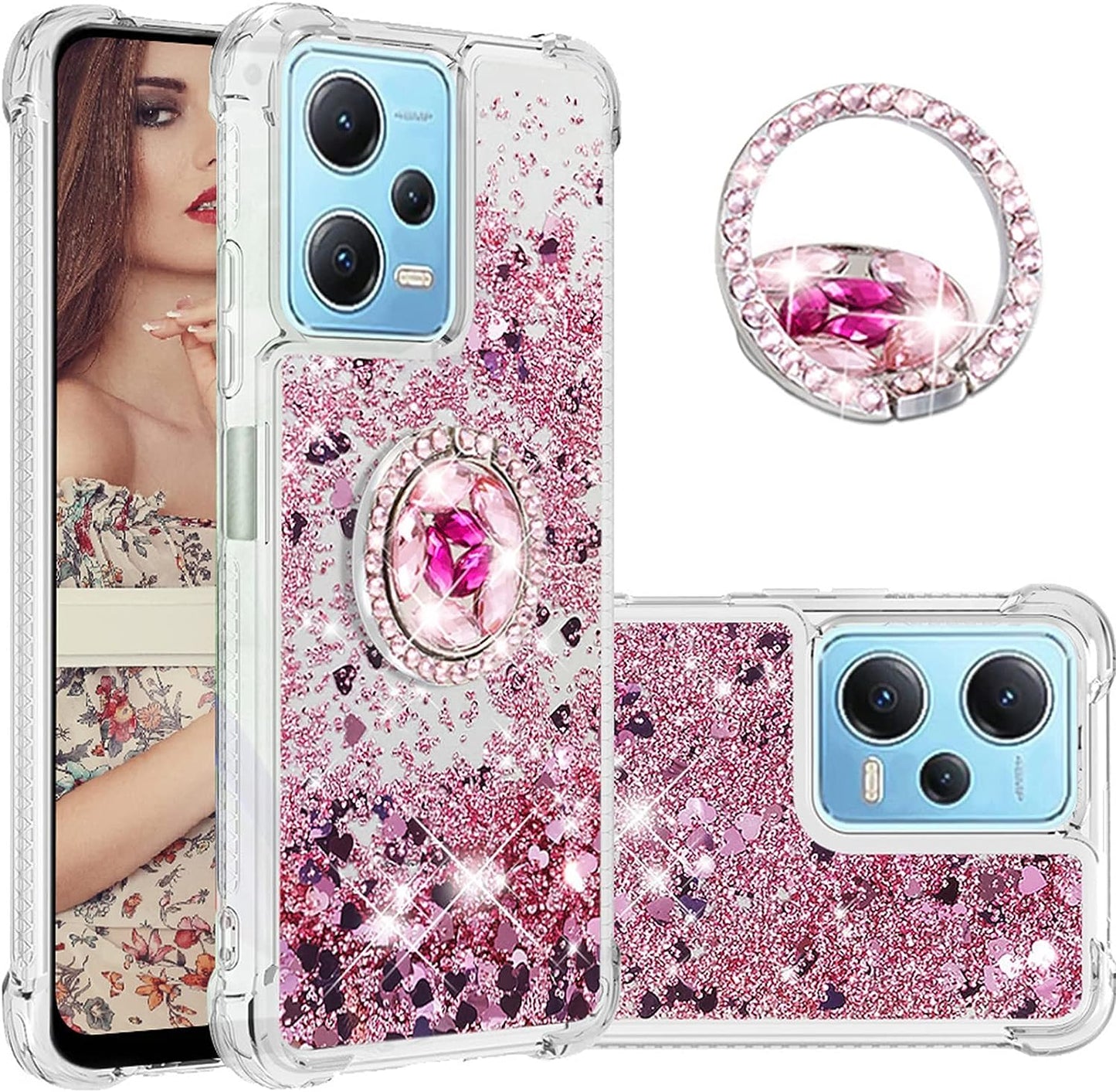 Ccsmall Glitter Clear Sparkly Bling Case for Xiaomi Redmi Note 12 4G, Flowing Liquid Quicksand Cover with Diamond Ring Holder Case for Xiaomi Redmi Note 12 4G LSZ Silver  CCSmall Rose Gold Redmi Note 12 4G 