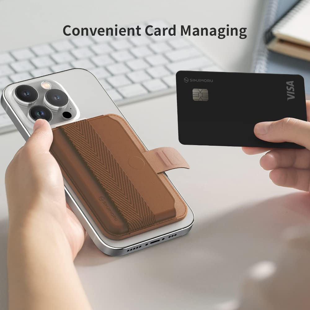 Sinjimoru Comb-Pattern Phone Grip Wallet for Magsafe, Vegan Leather Magnetic Cell Phone Card Holder & Wool Band Strap as Credit Card Case for Iphone 12 13 14 plus Pro Max. M-Pull Tab Band Black  Sinjimoru Co.Ltd   