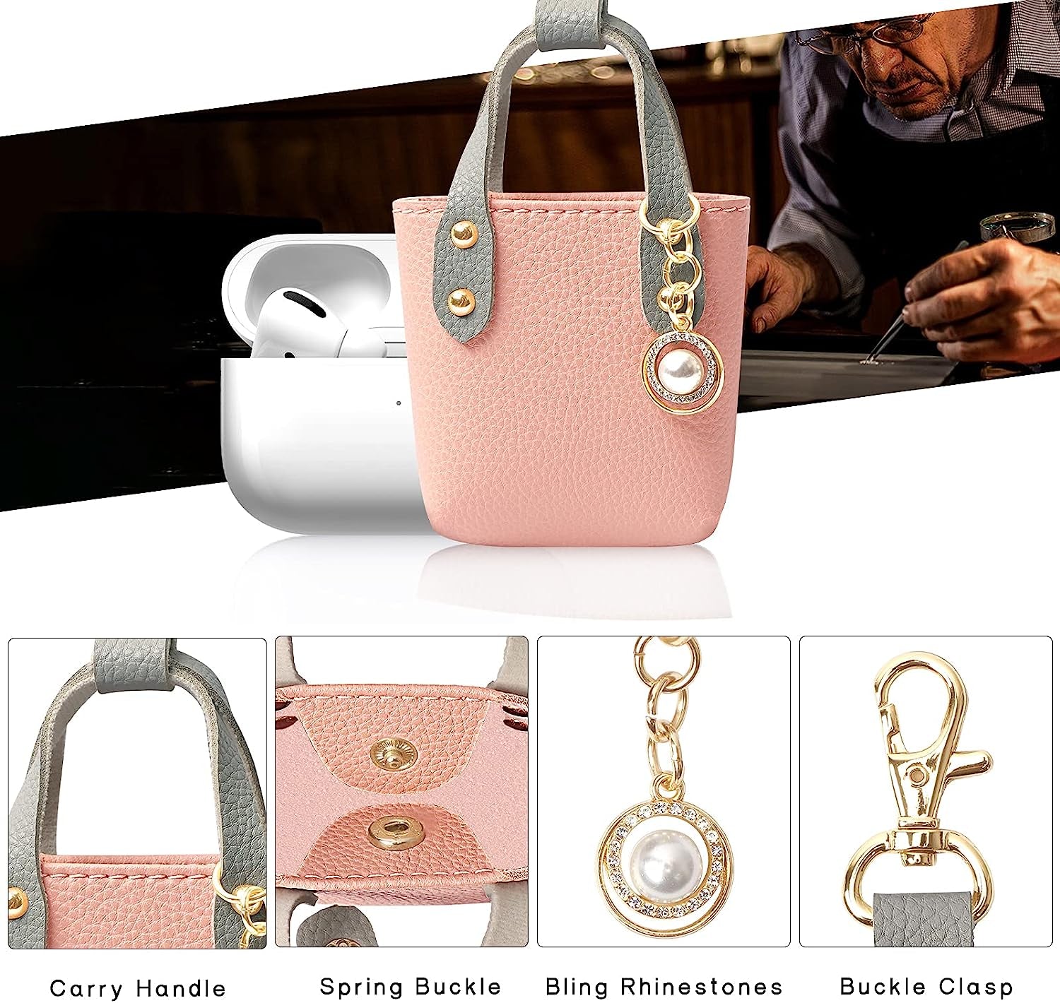 FYY Designed for Airpods Pro Case, [Tote Bag Design] Premium PU Leather Cute Protective Shockproof Bag Cover with Buckles Rhinestones Compatiable with Wireless Charging for Girls Teens Women Pink  GUANGZHOU WENYI COMMUNICATION EQIPMENT CO.,LTD   