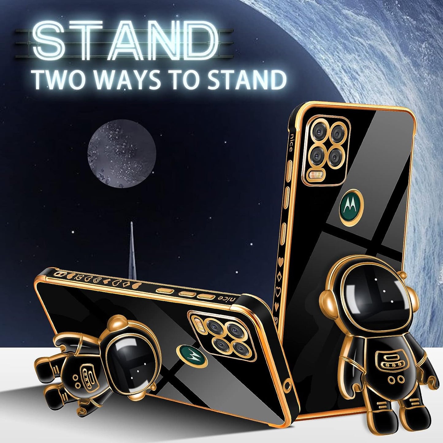 Buleens for Motorola Moto G Stylus 5G Case, Cute Heart Pattern 6D Gold Plating Astronaut Hidden Stand Phone Cases for Moto G Stylus 5G 2021 6.8 Inch-Black  Buleens   