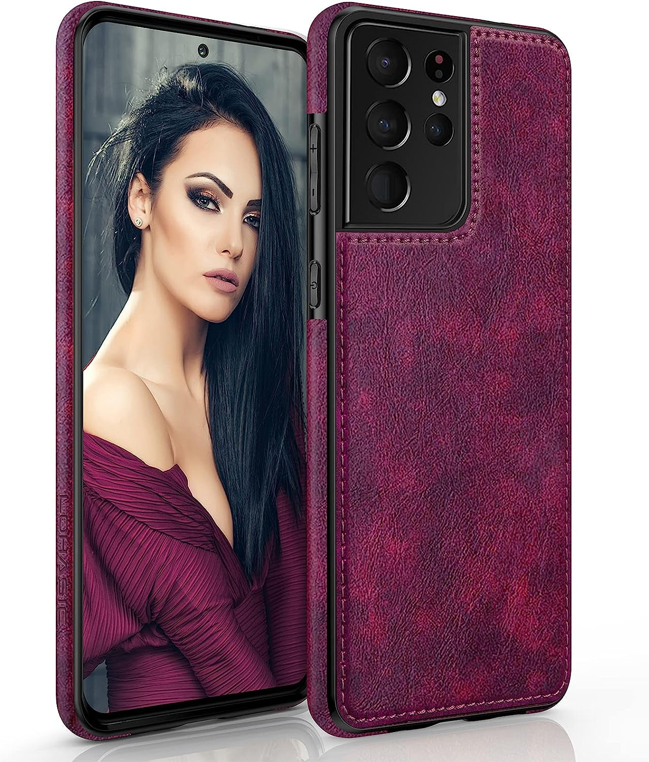 LOHASIC for Galaxy S21 Ultra Case, Premium Leather Luxury Business PU Non-Slip Grip Shockproof Bumper Full Body Protective Cover Phone Cases for Samsung Galaxy S21 Ultra 5G 6.8 Inch - Brown  LOHASIC Magenta  