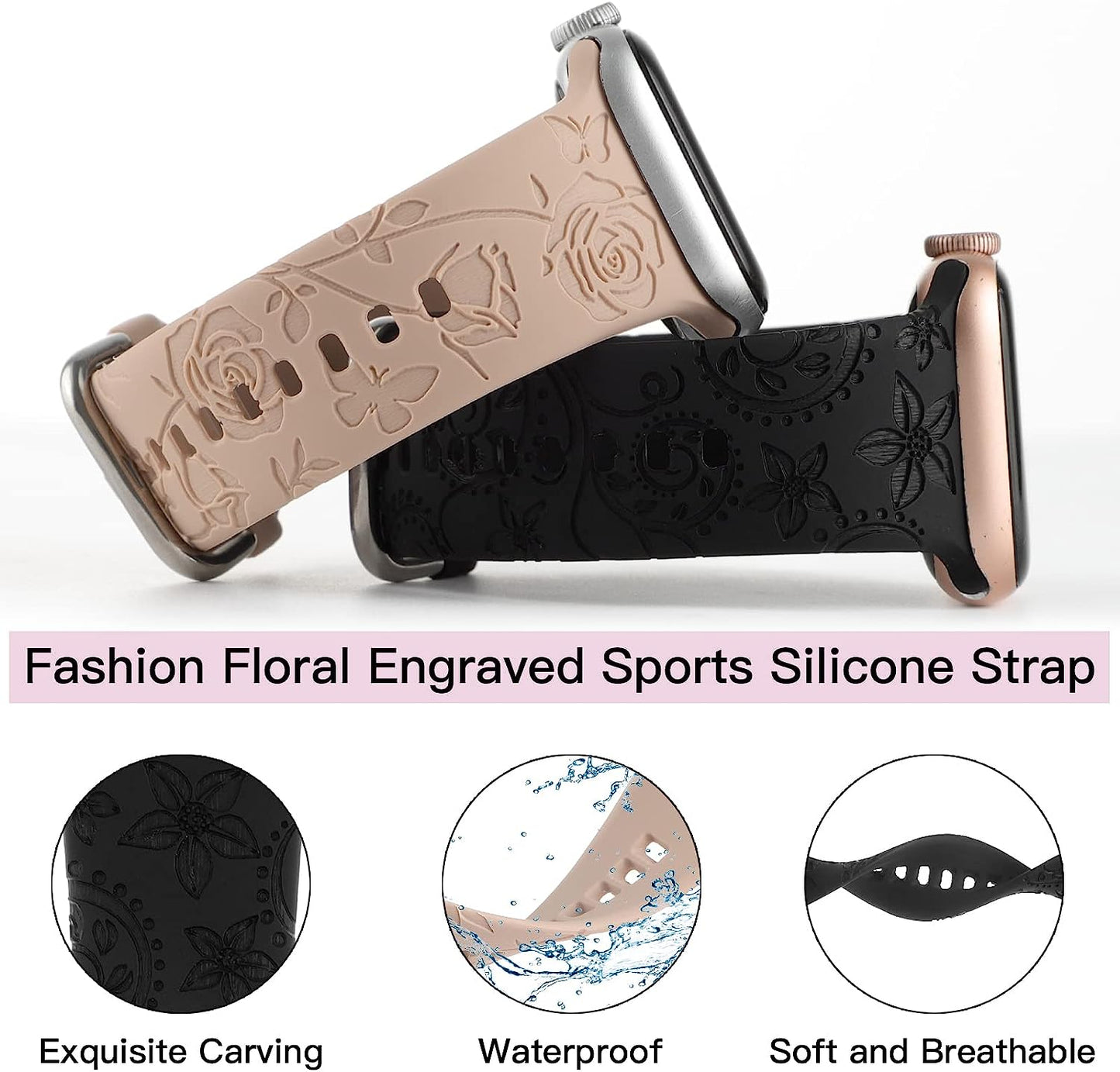 Flower Engraved Bands Compatible with Apple Watch Band 41Mm 40Mm 38Mm 44Mm 42Mm 45Mm 49Mm, Cute Women Floral Soft Silicone Sport Replacement Strap for Iwatch Series Ultra SE 8 7 6 5 4 3 2 1  TERKOWQI   