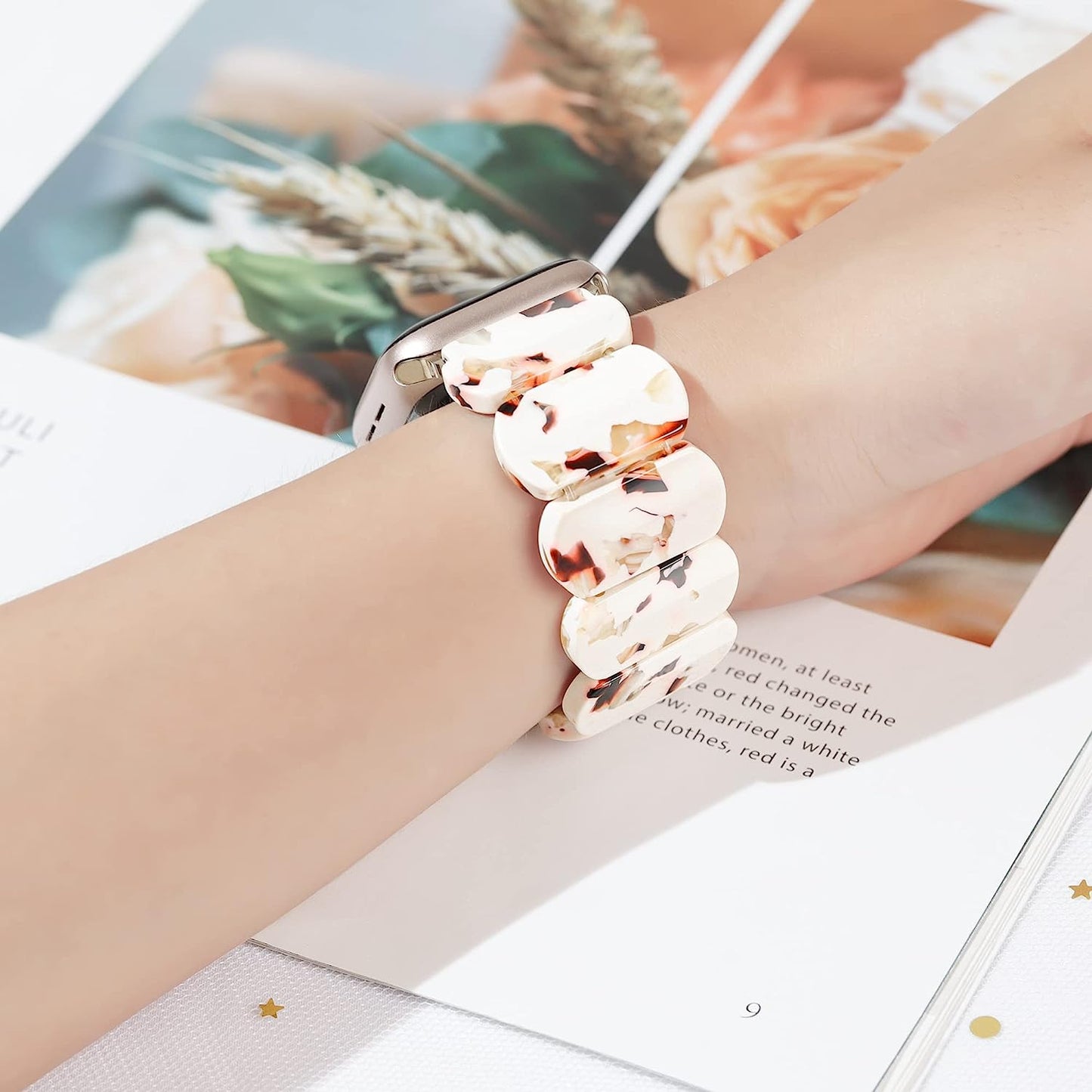 Resin Stretchy Apple Watch Band Compatible With【Series 8 7 Starlight】Apple Watch 49Mm 45Mm 44Mm 42Mm for Women Girl, Lightweight Fashion Cute Bracelet for Iwatch Series 8/7/6/5/4/3/2/1/Se-Nougat White  BuPa   
