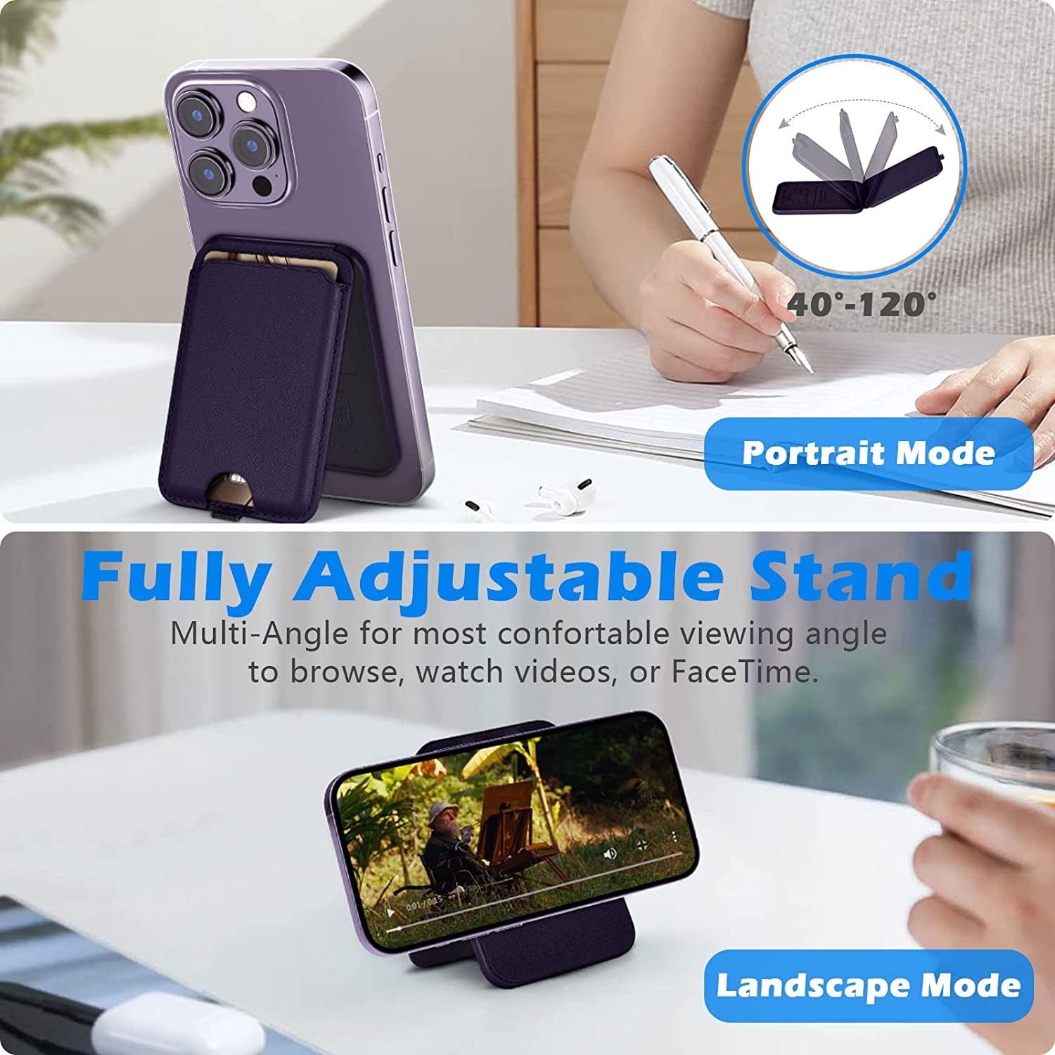 Imluckies Leather Magnetic Wallet Stand, for Apple Magsafe Wallet with Adjustable Stand, 3 Card Holders with Strong Magnets for Iphone 14/13 / 12 Series [Not for 13/12 Mini], Purple  imluckies   