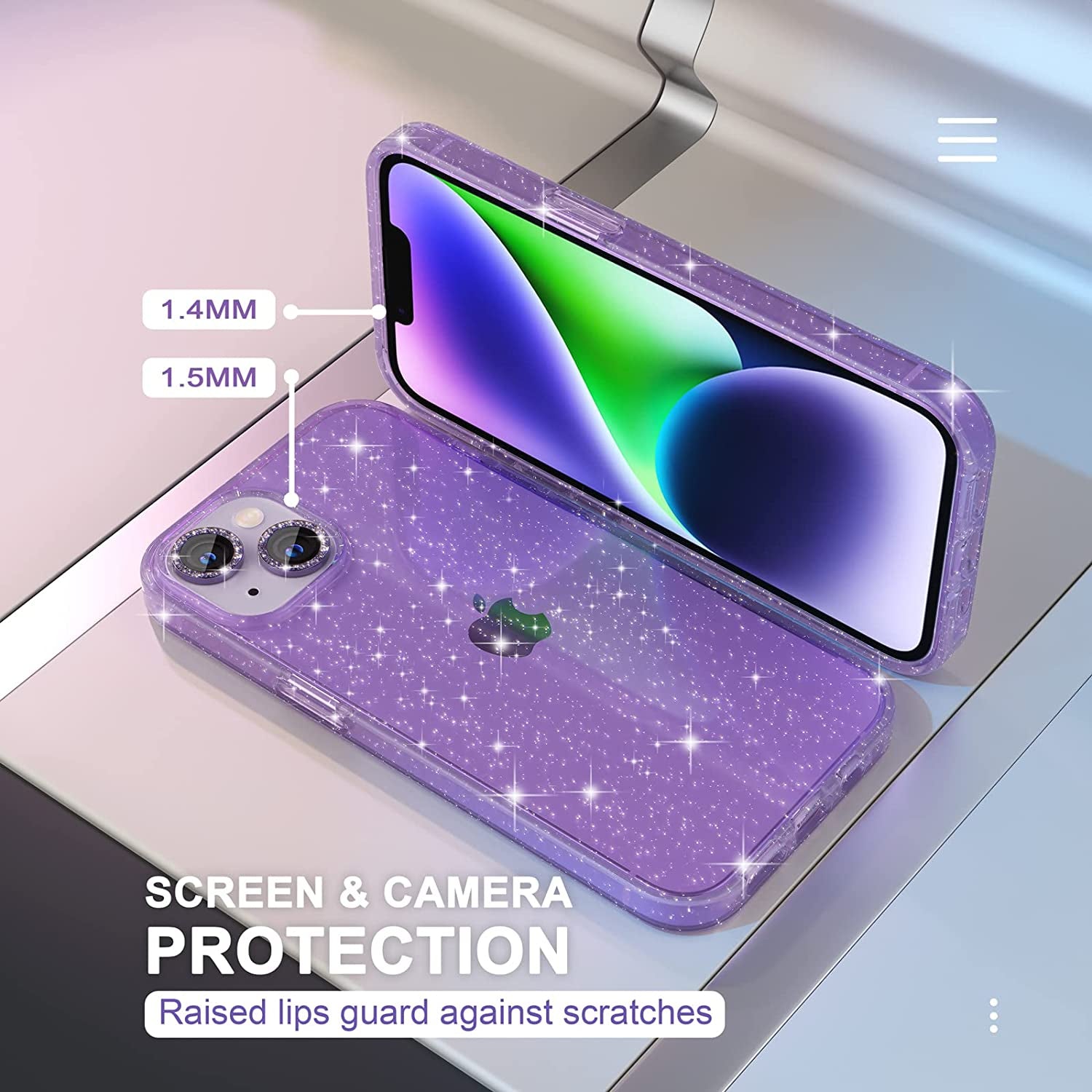 Choiche Compatible for Iphone 14 Case Cute, Women Clear Glitter Bling Sparkly Case, [2 X Diamond Camera Lens Protectors] [2 X Tempered Glass Screen Protectors] 6.1-Inch (Glitter Purple)  Choiche   