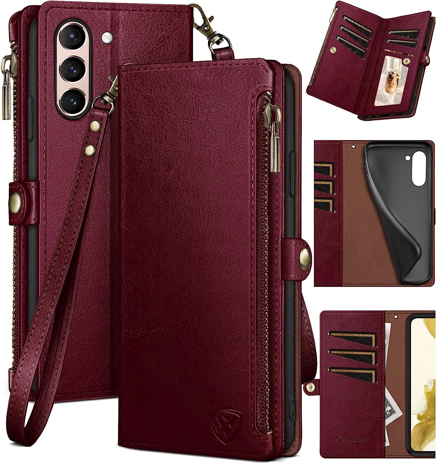 Xcasebar for Samsung Galaxy S21 Wallet Case with Zipper Credit Card Holder【Rfid Blocking】, Flip Folio Book PU Leather Phone Case Shockproof Cover Women Men for Samsung S21 Case Wine Red  XcaseBar   