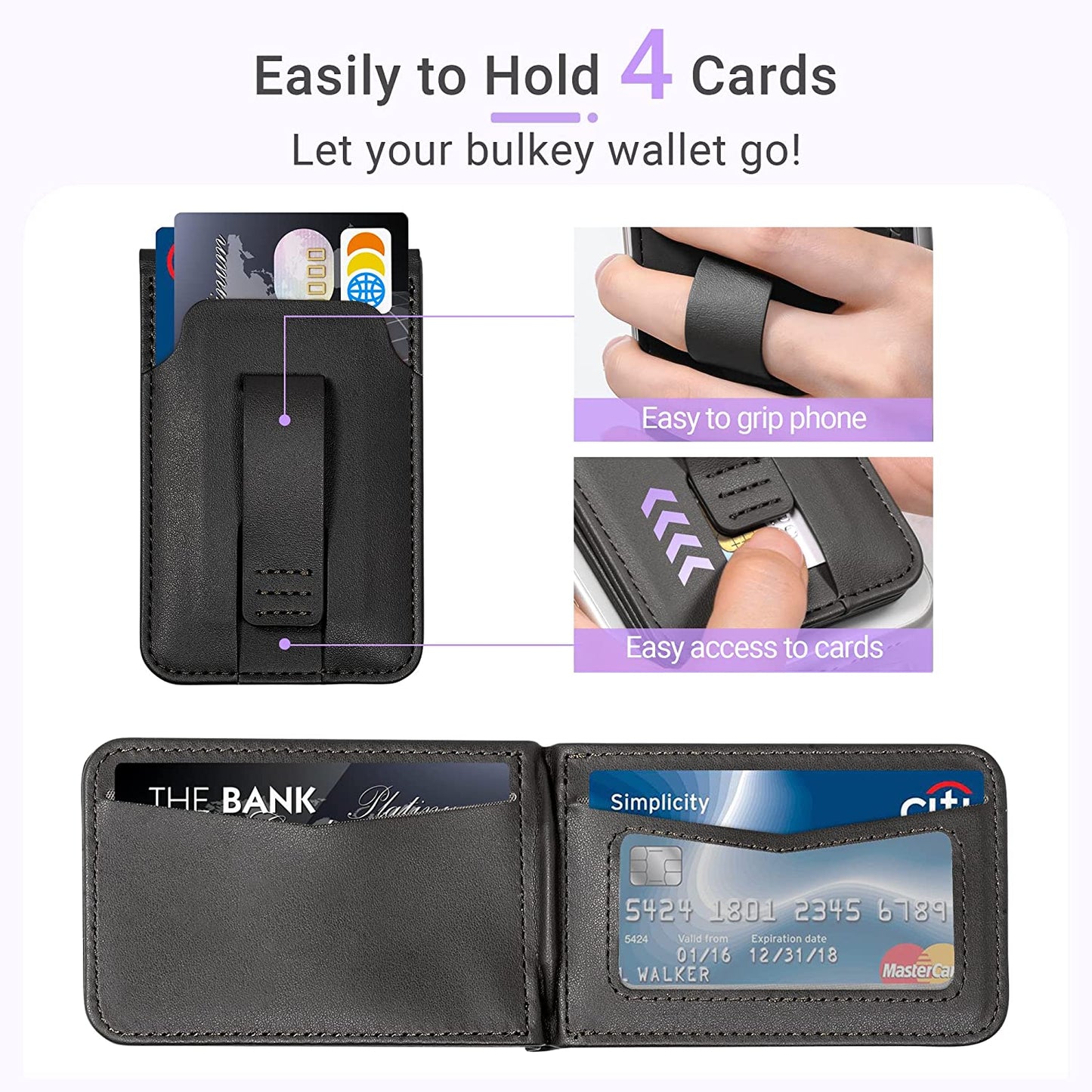 Magsafe Phone Wallet Card Holder: Magnetic Apple Wallet and Adjustable Phone Stand for Iphone 14/13/12 Series, 4 Cards Holder, Grip Finger Loop, Vegan Leather, Black (Not for Iphone 13 Mini/12 Mini)  Huogantom   