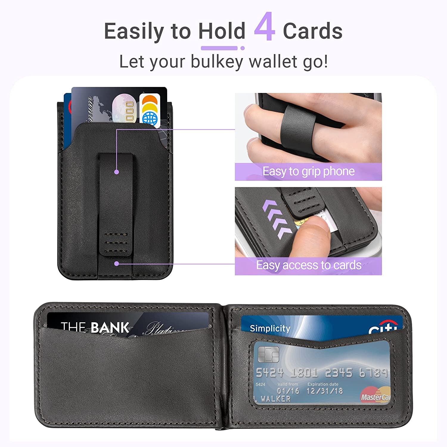 Magsafe Phone Wallet Card Holder: Magnetic Apple Wallet and Adjustable Phone Stand for Iphone 14/13/12 Series, 4 Cards Holder, Grip Finger Loop, Vegan Leather, Black (Not for Iphone 13 Mini/12 Mini)  Huogantom   