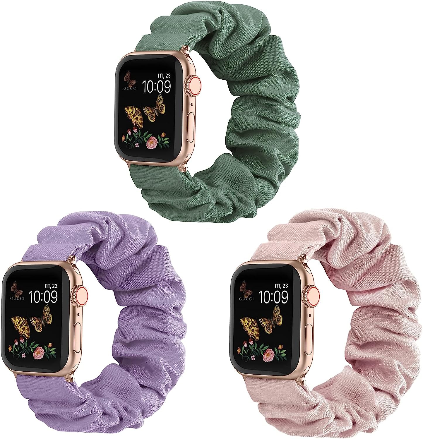 Recoppa Compatible for Scrunchie Apple Watch Band 38Mm 41Mm 42Mm 40Mm 44Mm 45Mm Cute Print Elastic Watch Bands Women Bracelet Strap for Apple Iwatch Series 7 6 5 4 3 2 1 SE(3 Pack, 38/40/41Mm-Small)  Recoppa Pink/Lavender/Pine Green 42mm/44mm/45mm-Small 