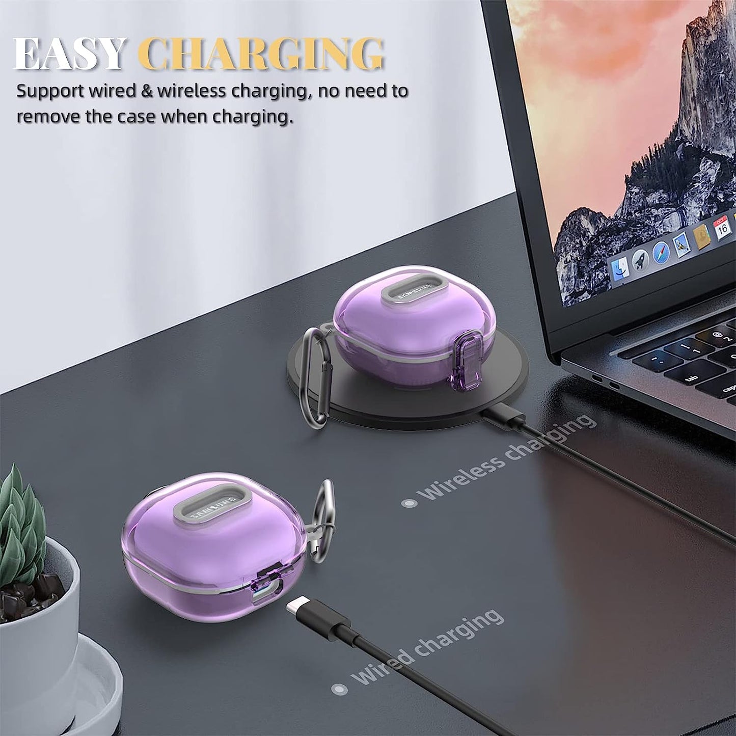 WOFRO [Secure Lock] Clear Case for Samsung Galaxy Buds 2 Pro/Galaxy Buds 2/Galaxy Buds Pro/Galaxy Buds Live Earbuds, Shock-Absorbing Protective Cover Skin Hard with Carabiner & Lanyard(Clear Purple)  WOFRO   