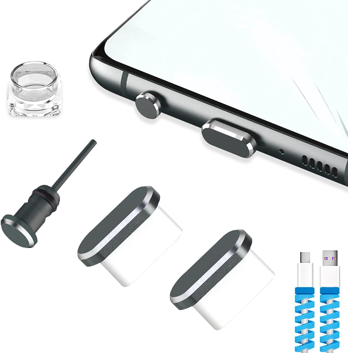 VIWIEU USB Type C Dust Plugs Charging Port Cover Caps with Earphone Jack Pin and Cable Protectors 2 Pack Compatible with Samsung Galaxy S22/S21/S20+ Ultra/Z Flip 4/Z Fold 4, Pixel 6A Oneplus 10T Black  VIWIEU Grey  