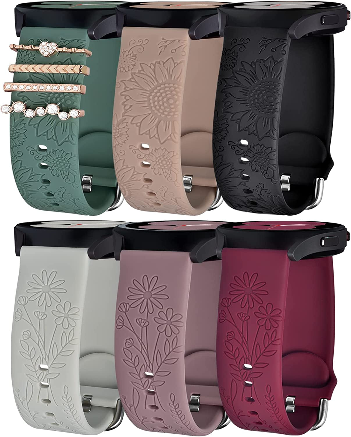 6 Pack Bands for Samsung Galaxy Watch 5 & 4 Band with 4 Charms, YOPICKERN 20Mm Women Floral Engraved Silicone Strap with Decorative Rings Loops for Active 2/Watch 5 Pro/Watch 4 Classic 46Mm 42Mm/Watch 3 41Mm  YOPICKERN A-4Pcs Decorative Rings+6Pcs Bands(2 Patterns) 20mm 
