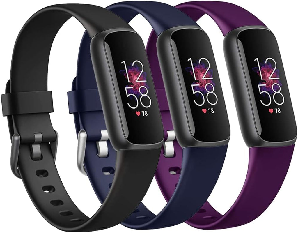 3 Pack Bands Compatible with Fitbit Luxe Bands for Women Men, Flexible Waterproof Replacement Wristband Sport Watch Strap Small  OMAIGAR Black/Blue/Plum Small(5.5"-7.1") 