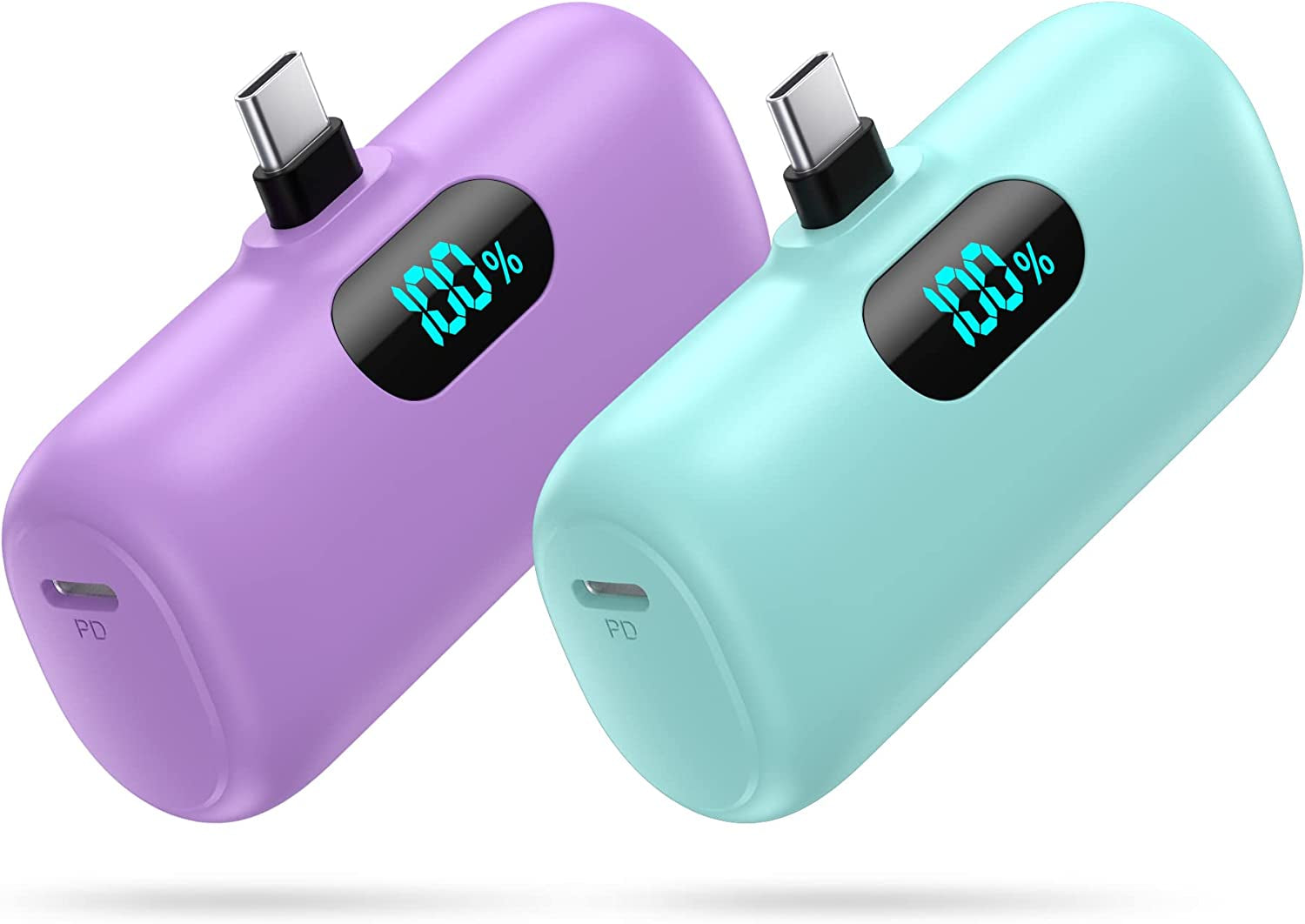 [2-Pack] Mini Portable Charger 5000Mah Power Bank, 3A PD USB C Cell Phone Portable Power, LCD Display Battery Pack Compatible with Android Phone/Samsung Galaxy S22,S21/Note/Moto/Lg/Pixel /Nexus Ect  Dongguan Yuanhaoxun Technology Co.,Ltd. green+purple  