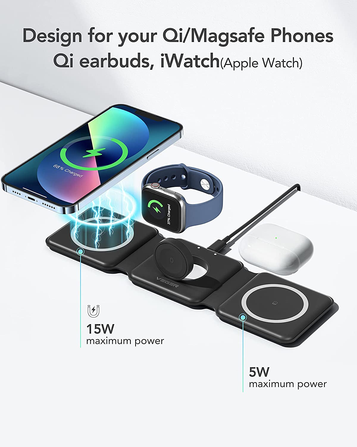 3 in 1 Wireless Charging Station, VEGER Travel Charger for Multiple Devices, Fast Wireless Charging Pad for Iphone 14/13/12/11/X/Xr/Xs/8 Series, Airpods, Apple Watch 7/6/5/4/3, Qi Phones Earbuds More  Shenzhen Autige Technology Co.,Ltd   