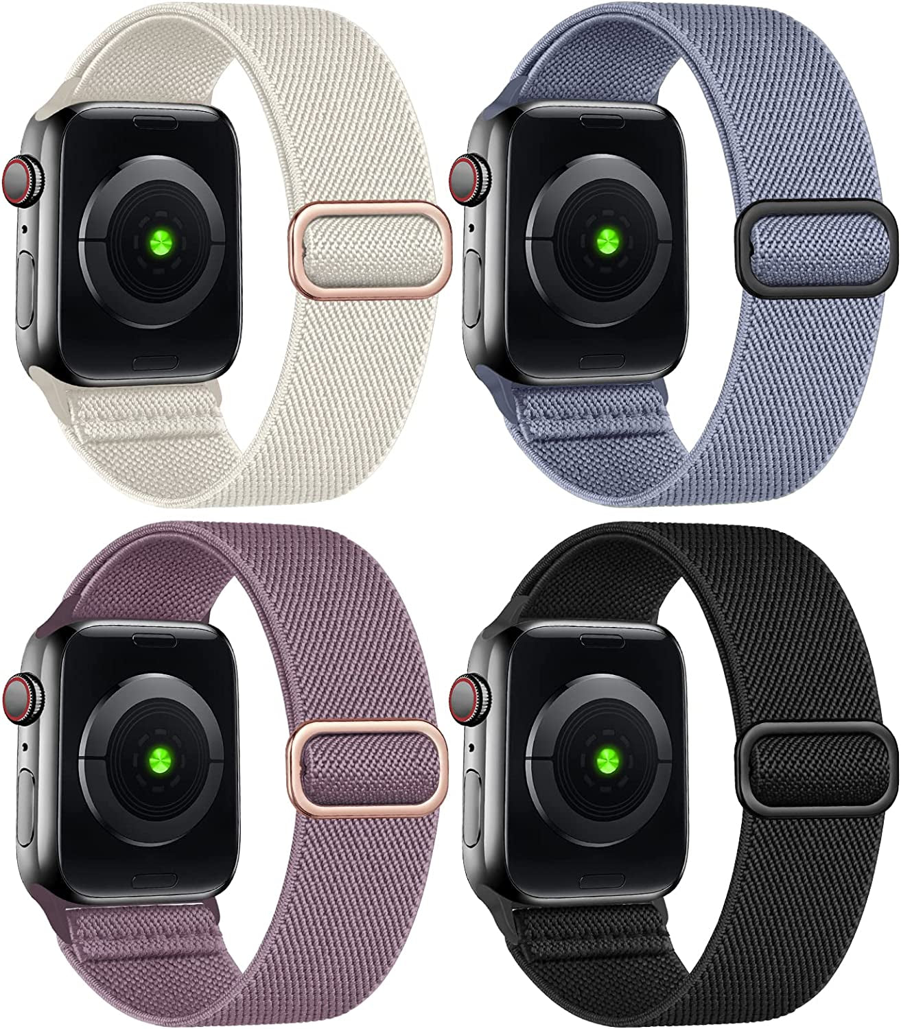 Treasuremax 4 Pack Stretchy Solo Loop Bands Compatible for Apple Watch 38Mm 40Mm 41Mm 42Mm 44Mm 45Mm 49Mm, Adjustable Nylon Elastic Braided Straps for Iwatch Serie Ultra/8/7/6/Se/5/4 3/2/1 Women Men  TreasureMax Starlight/Smoke Violet/Blue Gray/Black 38MM/40MM/41MM 