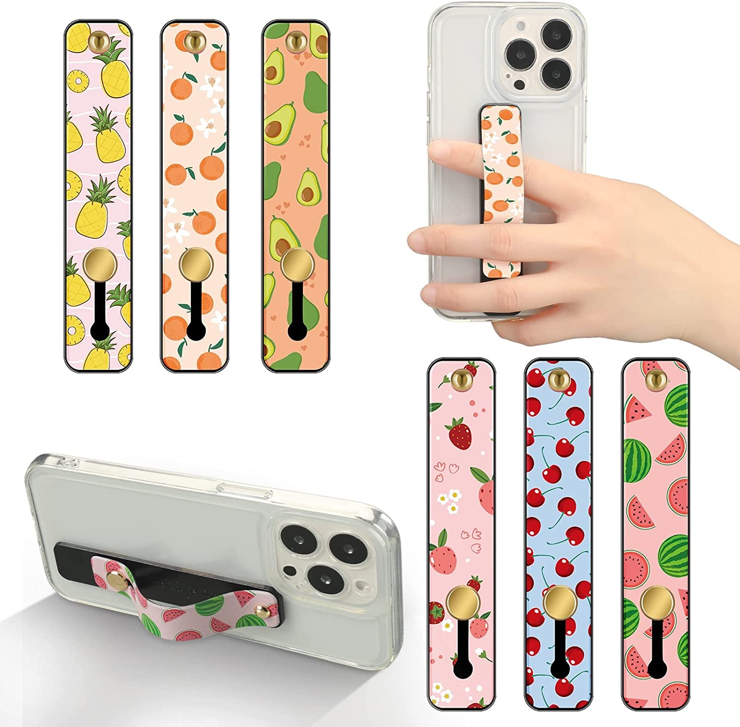 Weewooday 6 Pieces Phone Strap Grip Holder Finger Cell Phone Grip Telescopic Phone Finger Strap Stand Universal Finger Kickstand for Most Smartphones (Tie Dye Colors)  Weewooday Fruit  