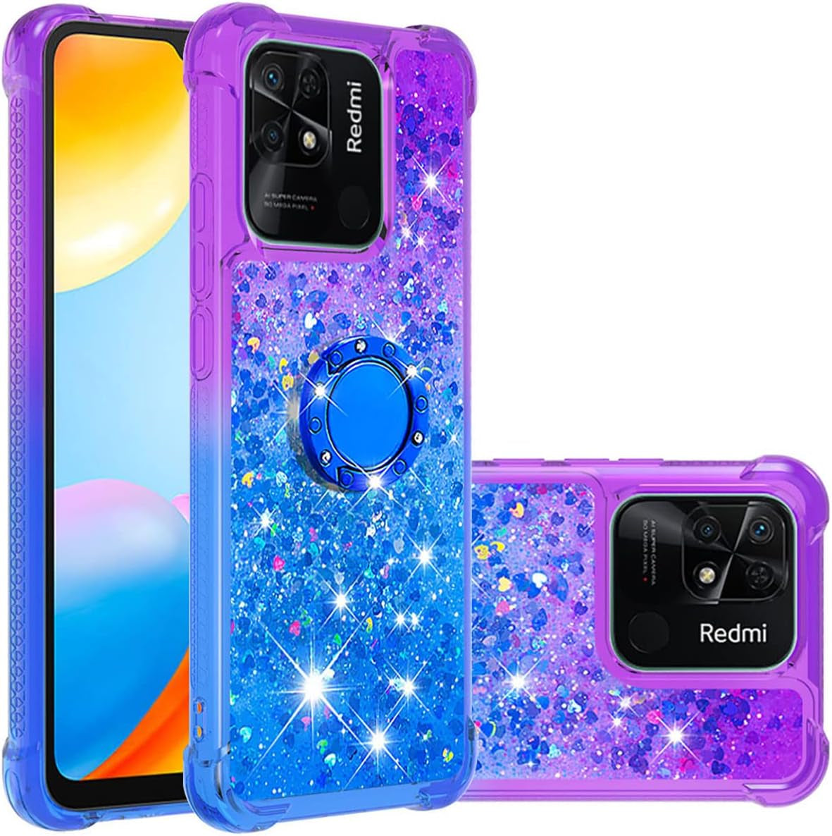 Monwutong Phone Case for Xiaomi Redmi 10C, Shiny Bling Quicksand Effect TPU Bumper Case with Four Corners Protection Cover for Xiaomi Redmi 10C, Pink Blue  Monwutong Purple Blue  