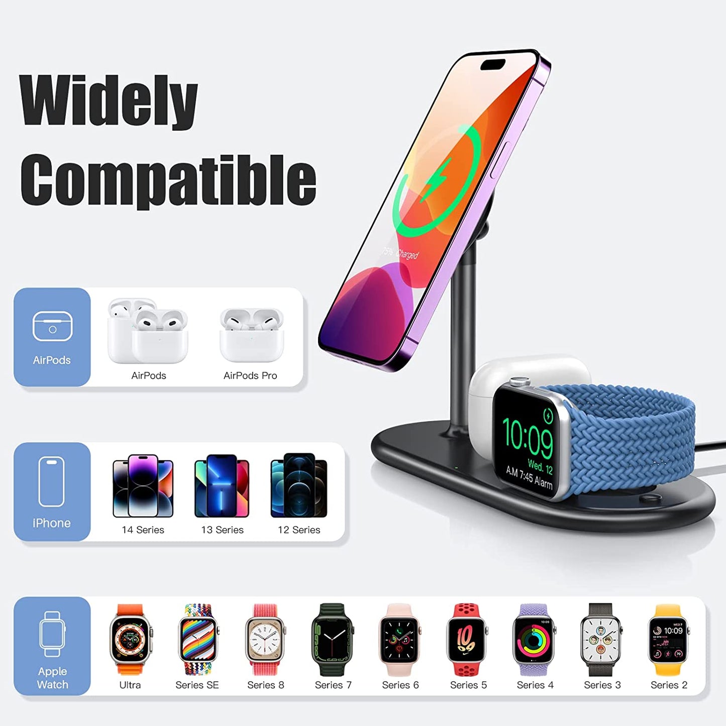 3-In-1 Wireless Charging Station for Apple Devices - Fast Wireless Charger Stand Compatible with Magsafe Charger for Iphone 14/13/12 Series, Apple Watch Ultra 8/7/SE/6/5/4/3, Airpods 3/Pro/2/1  ShenZhen ChengGuo Electronics Co.,Ltd   