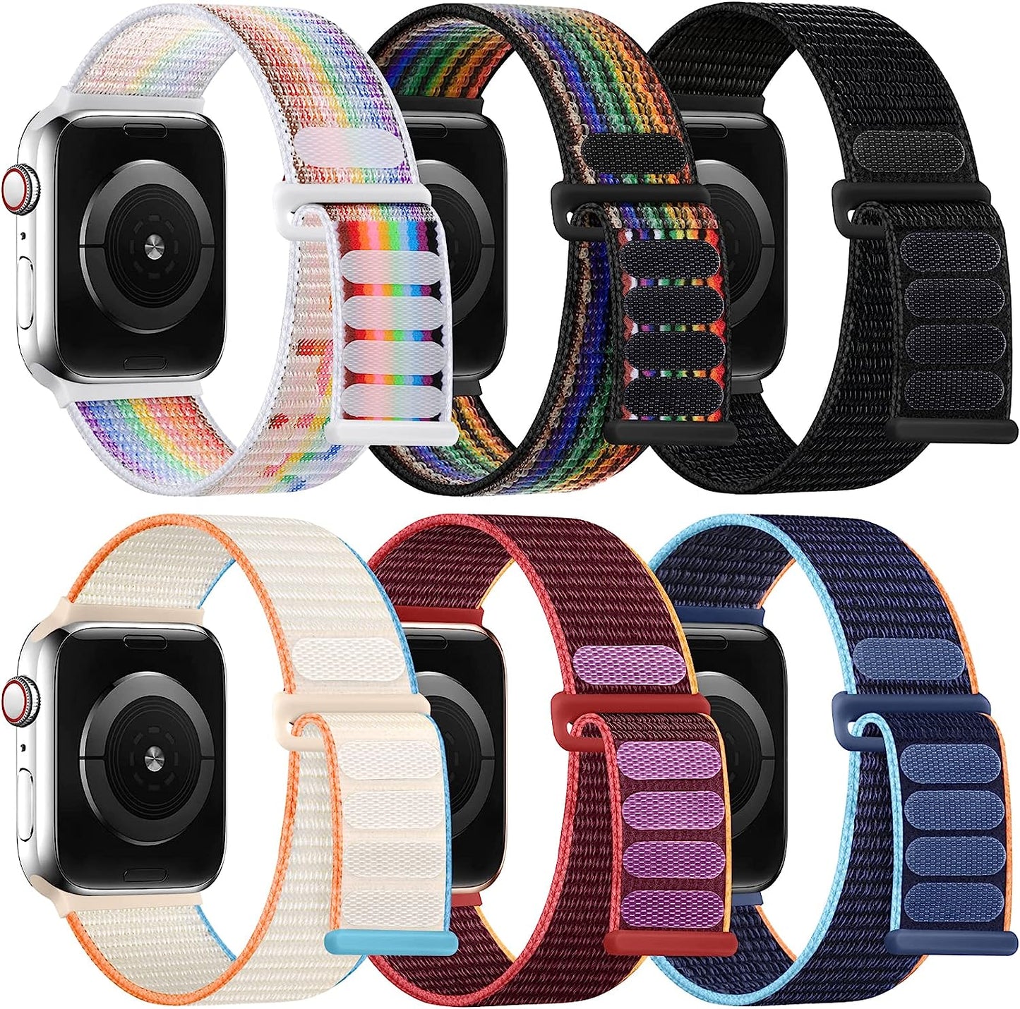 WJK 6 Pack Stretchy Nylon Solo Loop Bands Compatible with Apple Watch 38Mm 40Mm 41Mm 42Mm 44Mm 45Mm 49Mm Women Men, Adjustable Braided Sport Elastic Wristband for Iwatch Ultra SE Series 8 7 6 5 4 3 2 1  WJK Black/Light Beige/Pride Rainbow/Dark Rainbow/Plum/Navy Blue 42mm/44mm/45mm/49mm 