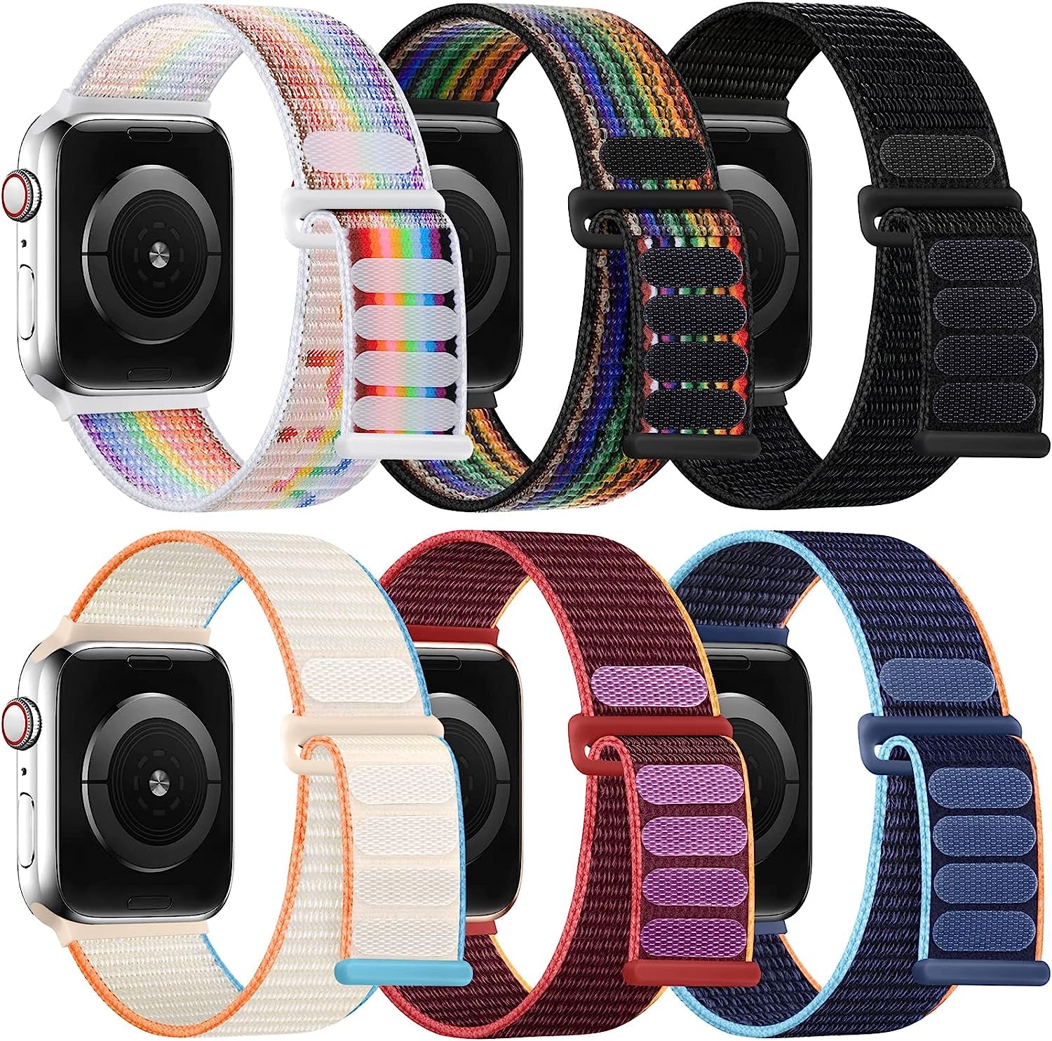 WJK 6 Pack Stretchy Nylon Solo Loop Bands Compatible with Apple Watch 38Mm 40Mm 41Mm 42Mm 44Mm 45Mm 49Mm Women Men, Adjustable Braided Sport Elastic Wristband for Iwatch Ultra SE Series 8 7 6 5 4 3 2 1  WJK Black/Light Beige/Pride Rainbow/Dark Rainbow/Plum/Navy Blue 42mm/44mm/45mm/49mm 
