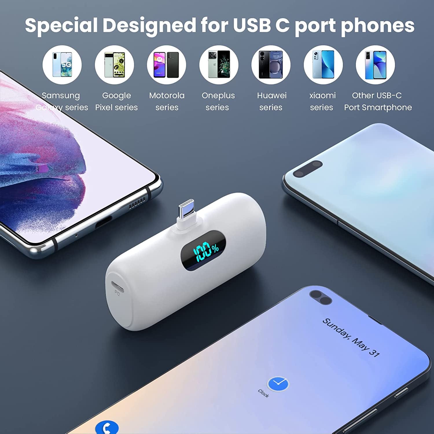 [2-Pack] Mini Portable Charger 5000Mah Power Bank, 3A PD USB C Cell Phone Portable Power, LCD Display Battery Pack Compatible with Android Phone/Samsung Galaxy S22,S21/Note/Moto/Lg/Pixel /Nexus Ect  Dongguan Yuanhaoxun Technology Co.,Ltd.   