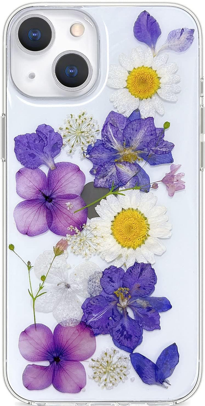 Abbery Designed for Iphone 13 Pressed Flower Case, Cute Clear with Design Bling Glitter Sparkle Soft TPU Transparent Dried Real Flower Floral Aesthetic Case for Women Girls (3 Pink Flower)  Abbery Grape Daisy Flower  