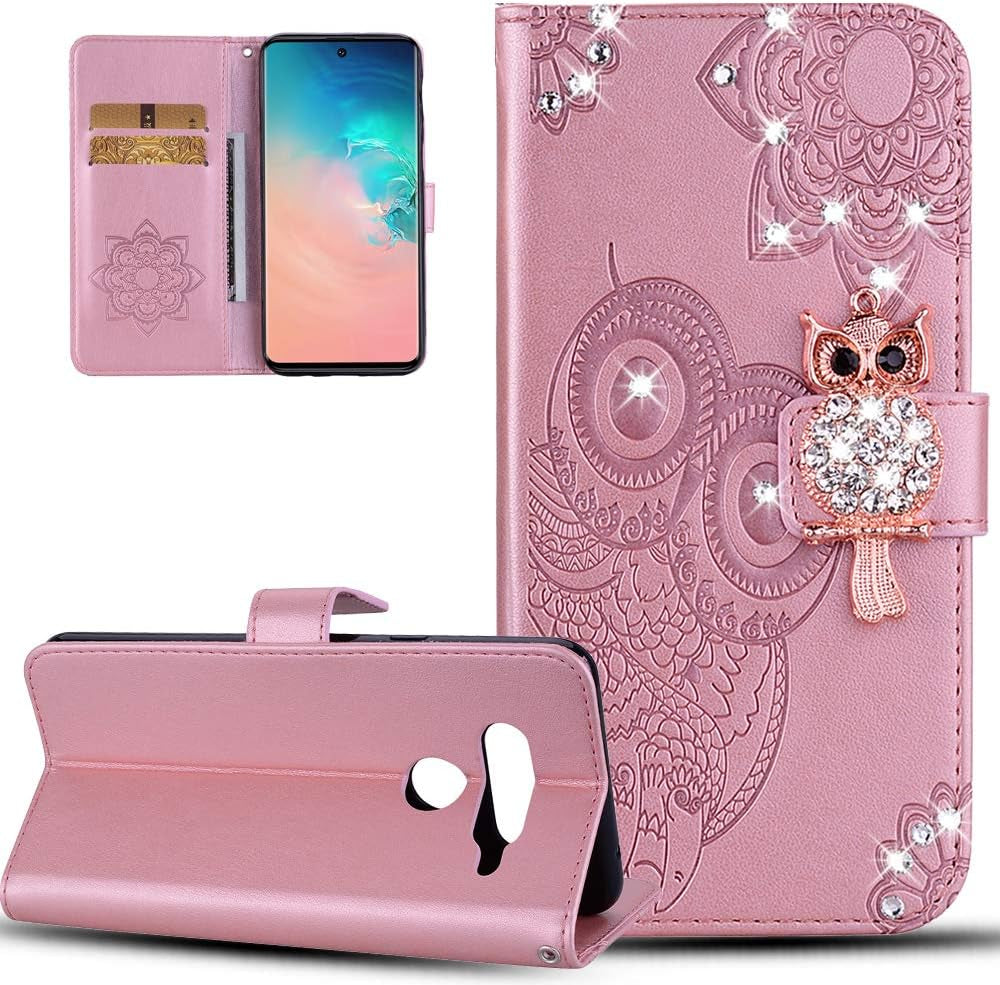 ISADENSER Case for LG V40 Thinq, LG V40 Thinq Case for Women Glitter Bling Diamond Case with Cards Slot Cash Pockets Embossing PU Leather Flip Wallet Case for LG V40 Thinq, Crystal Owl Brown YK  ISADENSER Pink  