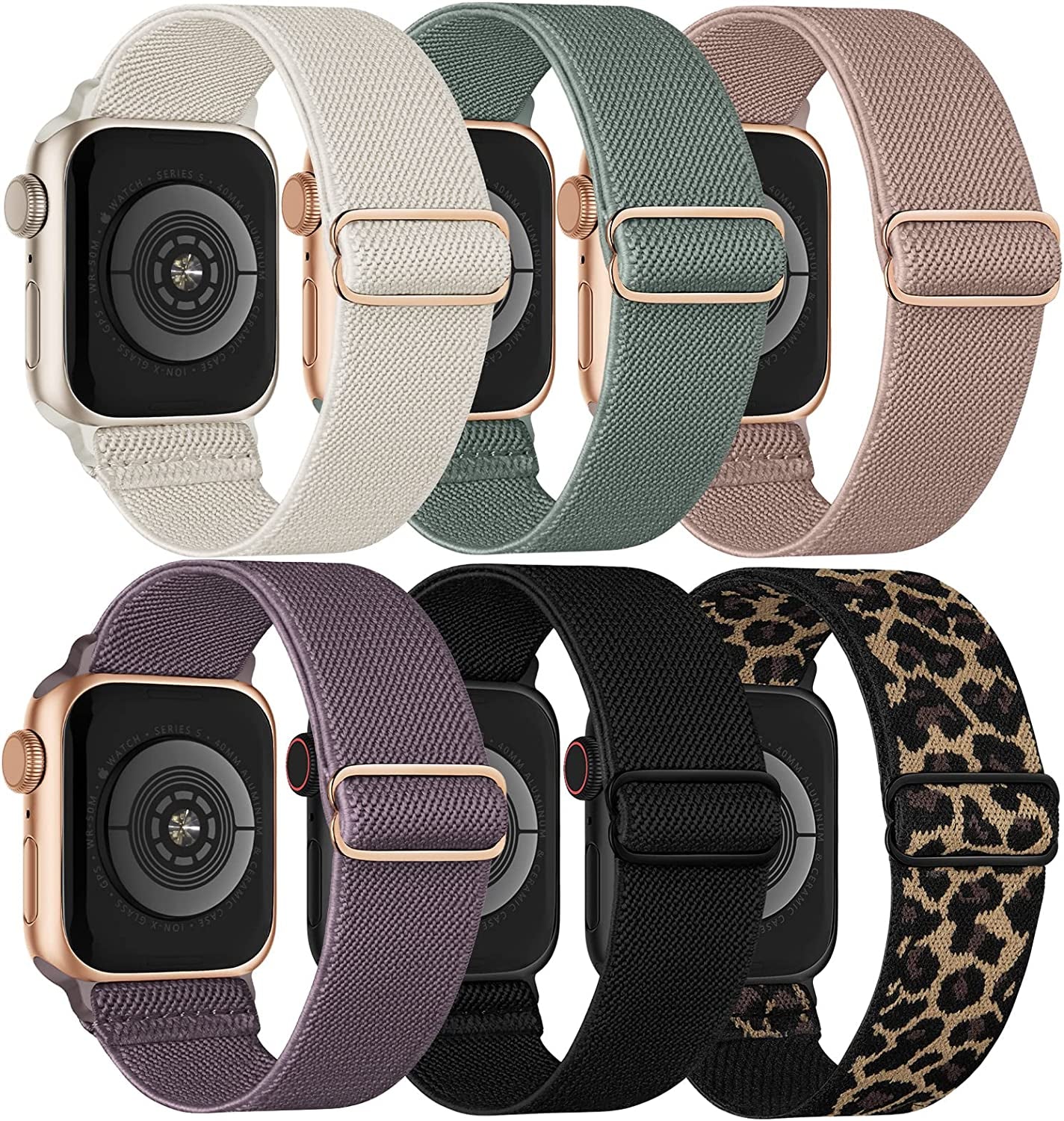 Stretchy Solo Loop Compatible with Apple Watch Band 38Mm 40Mm 41Mm 42Mm 44Mm 45Mm 49Mm Iwatch Series8/7/6/5/4/3/2/1/Se/Ultra  Recoppa Black/Leopard/Dark-Pink/Smoke Violet/Starlight/Turquoise 42MM/44MM/45MM/49MM 