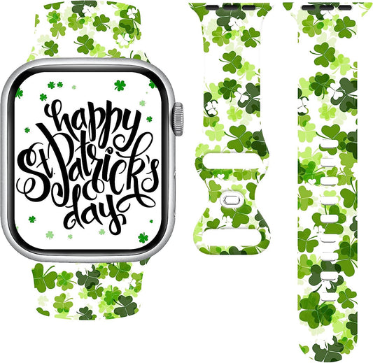 St. Patricks Day Watch Band Compatible with Apple Watch 38Mm 40Mm 41Mm 42Mm 44Mm 45Mm, Four Leaf Clover Shamrock Silicone Replacement Bands Wristbands Strap Compatible with All Iwatch Series  WANSENCE   