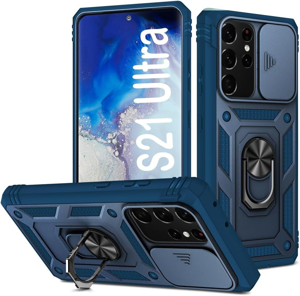 PASNEW for Samsung Galaxy S21 Ultra Case,Finger Ring Kickstand & Camera Cover Slide & Charge Port Dust Plug,Military Heavy Duty Full Body Shockproof Protective Hard Shell S21Ultra,6.8 Inch,Pink  PASNEW Blue Samsung Galaxy S21 Ultra【6.8"】 