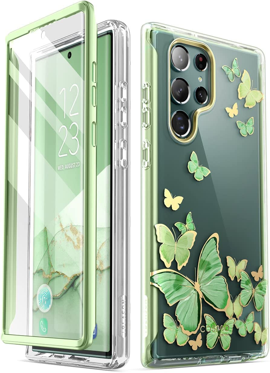 I-Blason Cosmo Series for Samsung Galaxy S22 Ultra 5G (2022 Release), Slim Stylish Protective Case with Built-In Screen Protector (Ocean)  i-Blason Green Butterfly  