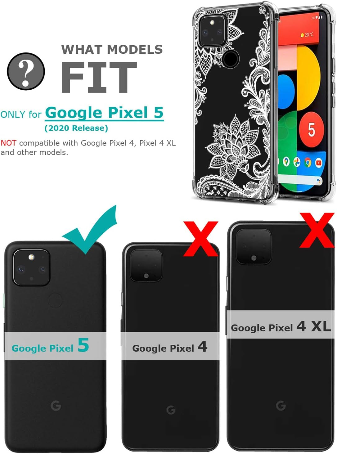 GREATRULY Floral Clear Case for Pixel 5 for Women/Girls,Pretty Phone Case for Google Pixel 5 (2020),Flower Design Slim Soft Transparent Drop Proof TPU Bumper Cushion Silicone Cover Shell,Fl-S  GREATRULY   