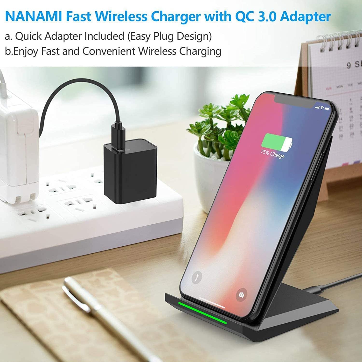 NANAMI Fast Wireless Charger with USB Phone Charger, Qi Certified Charging Stand with QC3.0 Adapter 7.5W Compatible Iphone 14/13/12/SE 2020/11/XS,10W for Samsung Galaxy S23/S22/S21/S20/S10/Note 20/10  NANAMI   