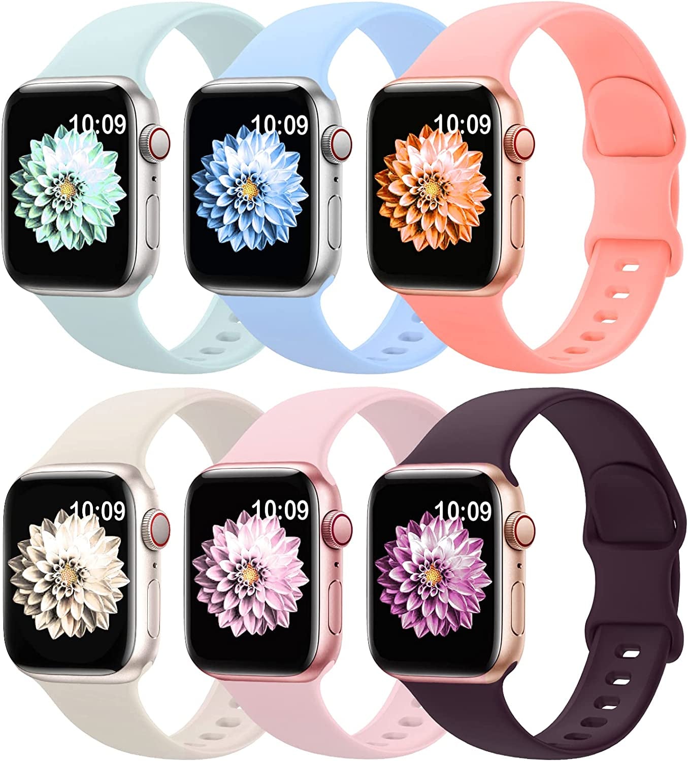 6 Pack Sport Bands Compatible with Apple Watch Band 38Mm 40Mm 41Mm 42Mm 44Mm 45Mm 49Mm,Soft Silicone Waterproof Strap Compatible with Iwatch Apple Watch Series Ultra 8 7 6 5 4 3 2 1 SE Women Men  AMSKY Succulent/Pink Sand/Light Orange/Light Blue/Elderberry/Starlight 38/40/41 mm 