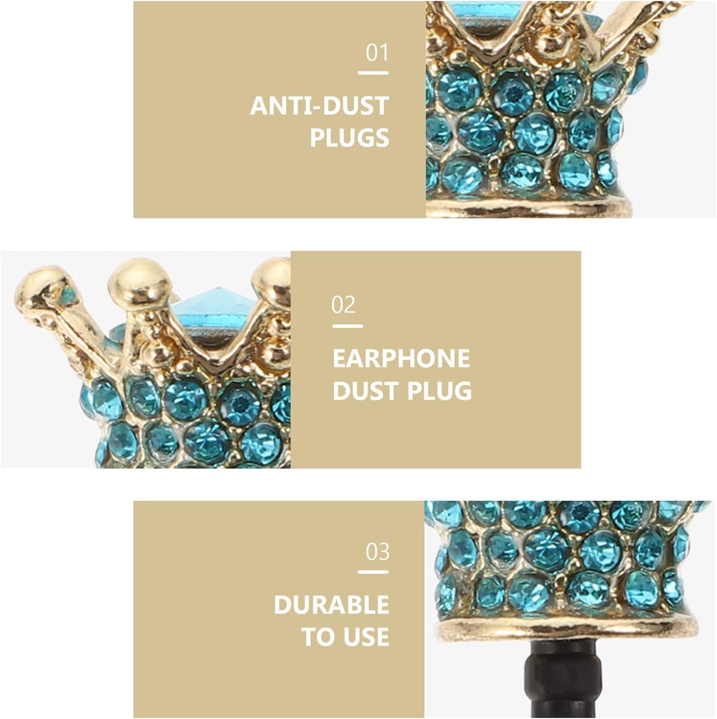 Hemobllo 2Pcs Earphone Jack Plug Crown Earphone Jack Stopper Rhinestone Dust Caps DIY Phone Accessories for 3. 5MM Headphone (Sky Blue)  Hemobllo   