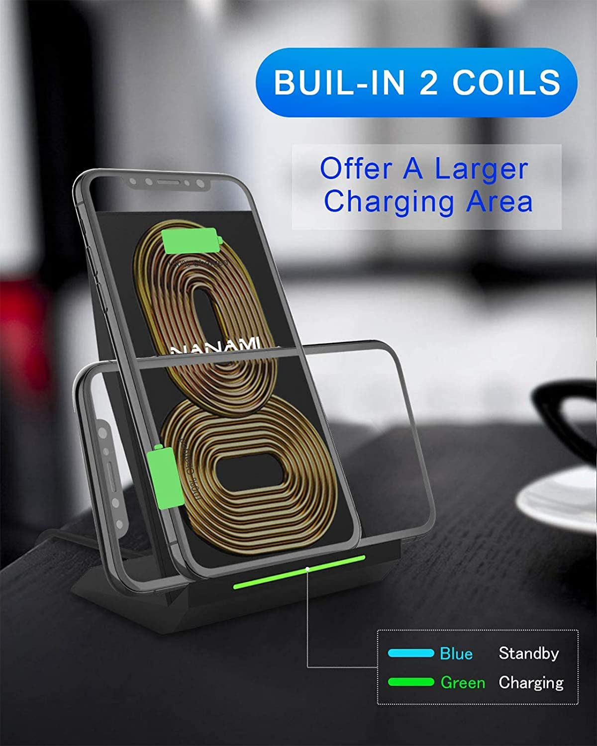 Fast Wireless Charger, [2 Pack] NANAMI Qi Certified Wireless Charging Stand Compatible Iphone 14/13/12/SE 2020/11 Pro/Xs Max/Xr/8, Samsung Galaxy S23/S22/S21/S20/S10/S9/Note 20/10 and Qi-Enabled Phone  NANAMI   