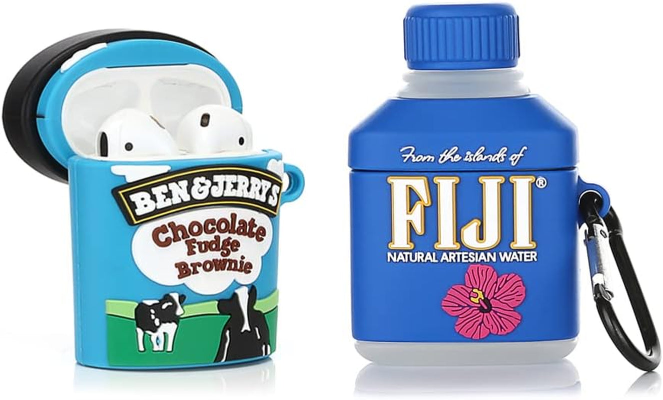 (2 Pack) BGAANM Cute Airpods 1/2 Case Silicone Cover with Keychain, Cartoon Skin Design Headphones Charging Case Protective Cover Accessories Kits Compatible for Airpods 1 and 2 (Radiowhite+Radiopink)  BGAANM Benjerry+FiJi  