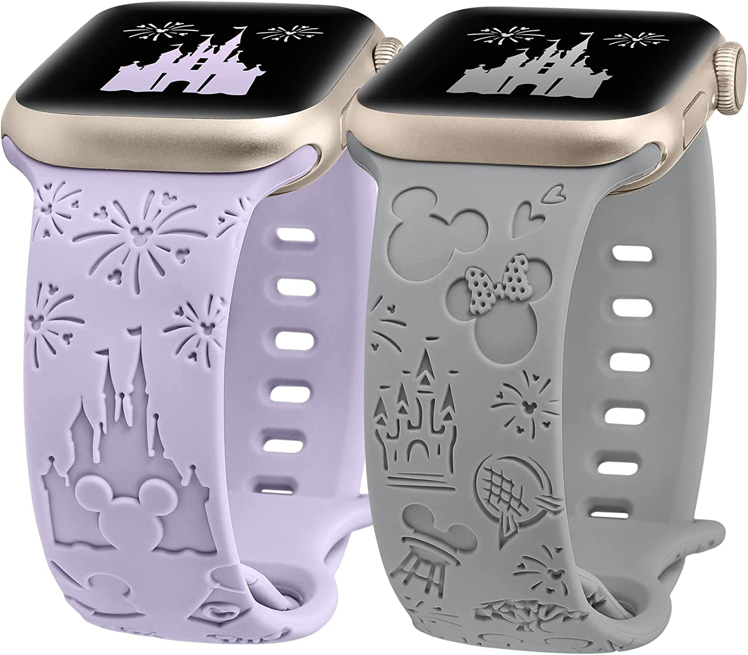 Girovo 2 Packs Cartoon Engraved Bands Compatible with Apple Watch Bands 38Mm 40Mm 41Mm 44Mm 45Mm 42Mm 49Mm Women, Cute Anime Designer Soft Silicone Strap for Iwatch Series 8/7/6/5/4/3/2/1/Se/Ultra  Girovo Lavender & Grey 42/44/45/49mm 
