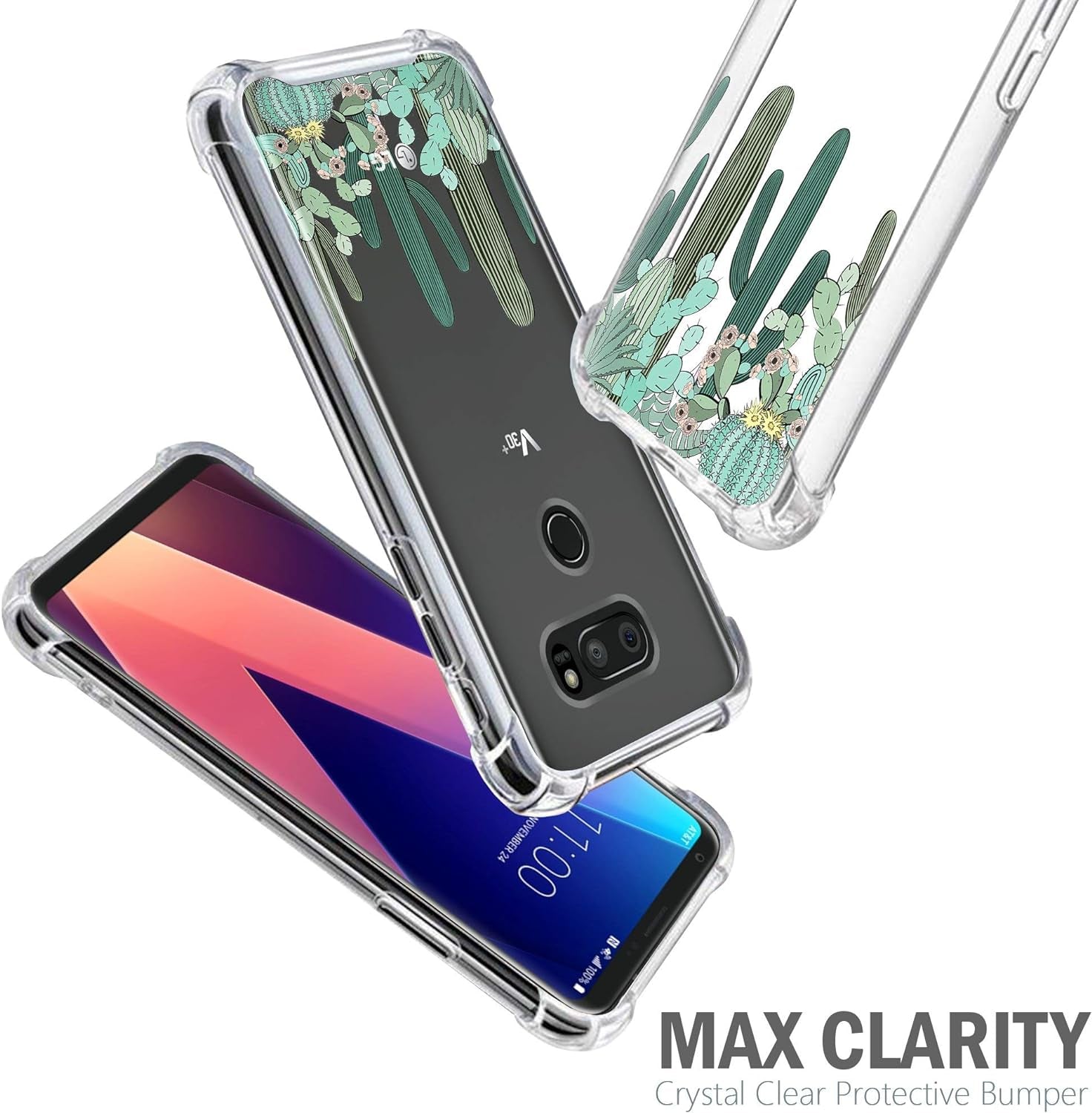 Casesondeck Crystal Case Compatible with [LG V30S Thinq and LG V30] Thin Slim Anti-Slip Grip Case with Bumper Edges Hard Back (Cactus Garden)  CasesonDeck   