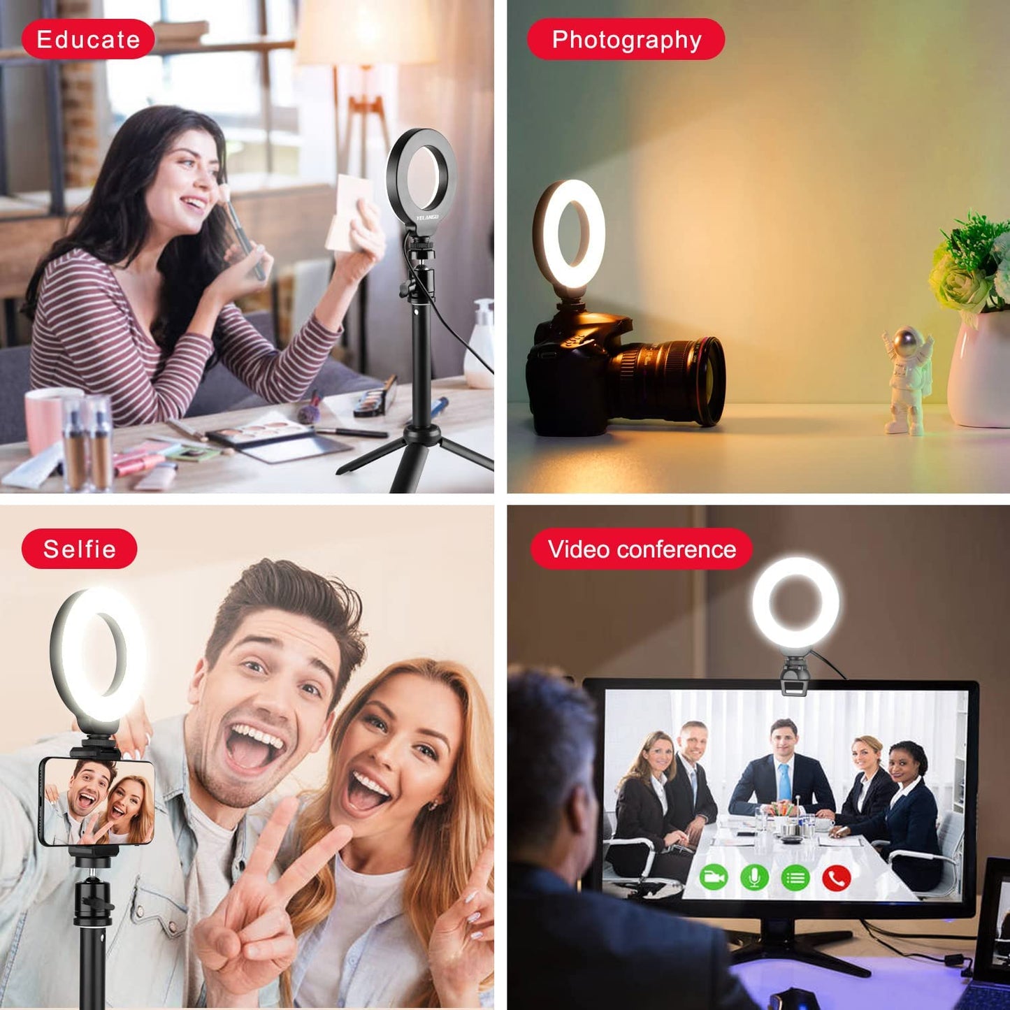 Selfie Ring Light for Video Conference, Dimmable Desktop LED Circle Light with Tripod Stand, 4.1'' Lighting Kit Gifts for Live Streaming/Laptop Zoom Meeting/Youtube/Vlog/Video Recording  YELANGU   
