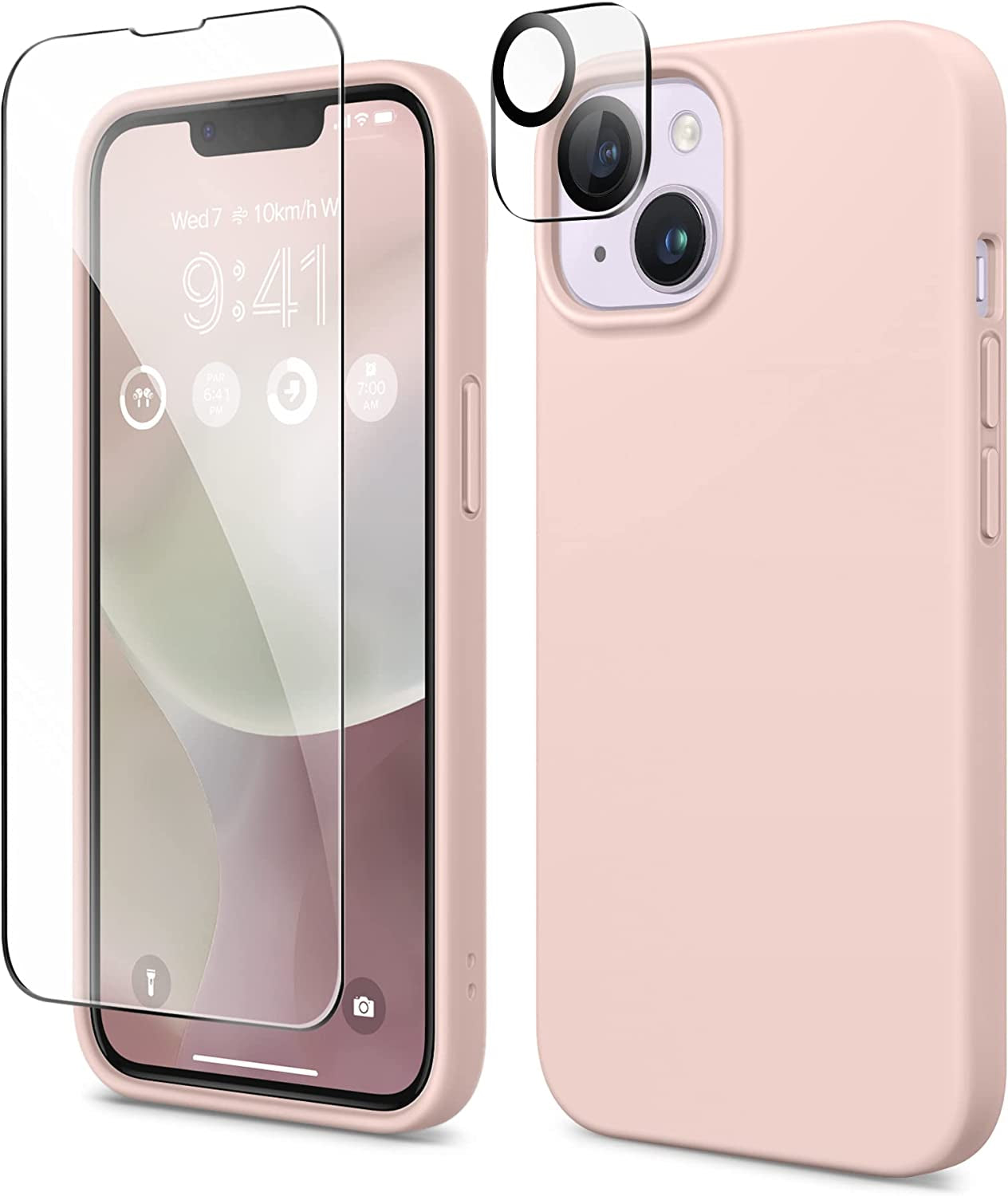 GONEZ for Iphone 14 Case Silicone, with Screen Protector + Camera Lens Protector, [Soft Anti-Scratch Microfiber Lining], Slim Liquid Silicone Shockproof Protective Phone Cover 6.1 Inch, Stone  GONEZ Pink  