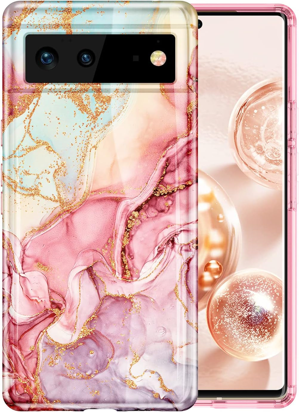 Btscase Gold Glitter Marble - Slim Shockproof Protective Cover for Google Pixel 6 (2021) - Blue/Drift Sand  Btscase A-Rose Gold  