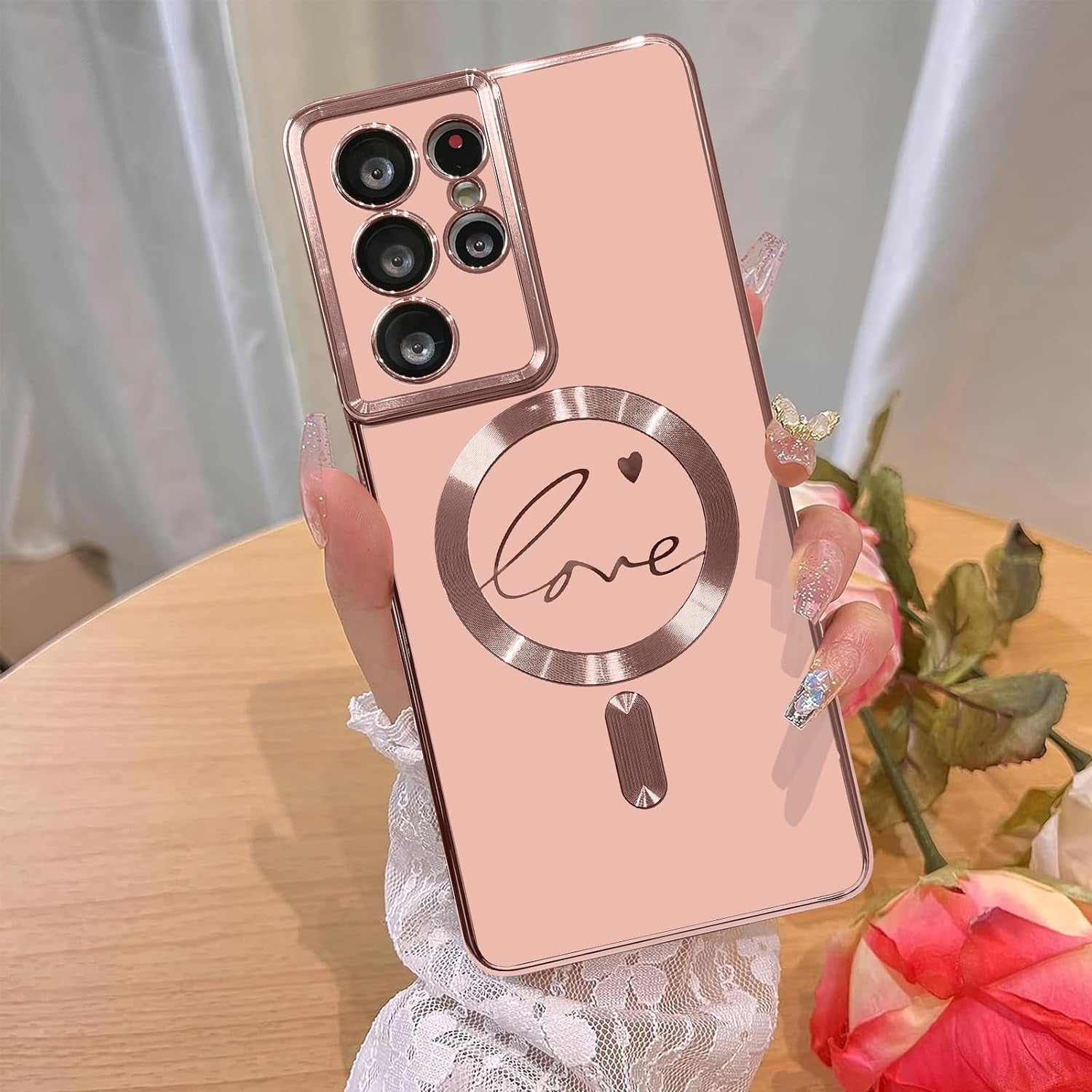 Bonoma Magnetic Case for Samsung Galaxy S21 Ultra Compatible with Magsafe, Cute Love Heart Luxury Plating Back Cover with Edge Elegant Aesthetic Hearts Pattern Silicone Phone Case-Pink  Bonoma Love-Pink  