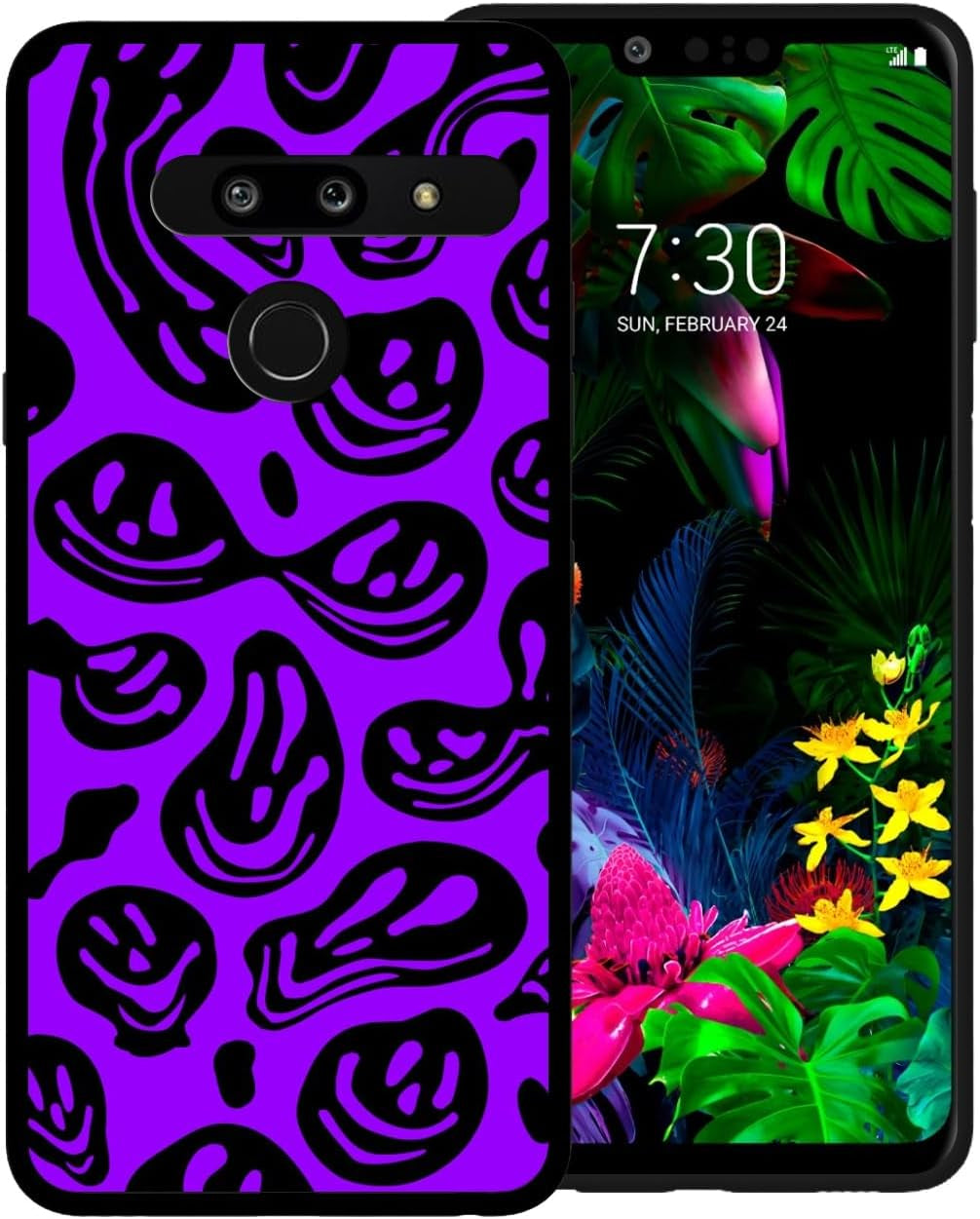 Zaztify Phone Case for LG G8 Thinq, Pastel Pink White Funny Trippy Dripping Smile Melted Hippie Smiling Skull Ghost Face Shockproof Protective Cover Shell  zaztify Purple-Black Trippy Face  
