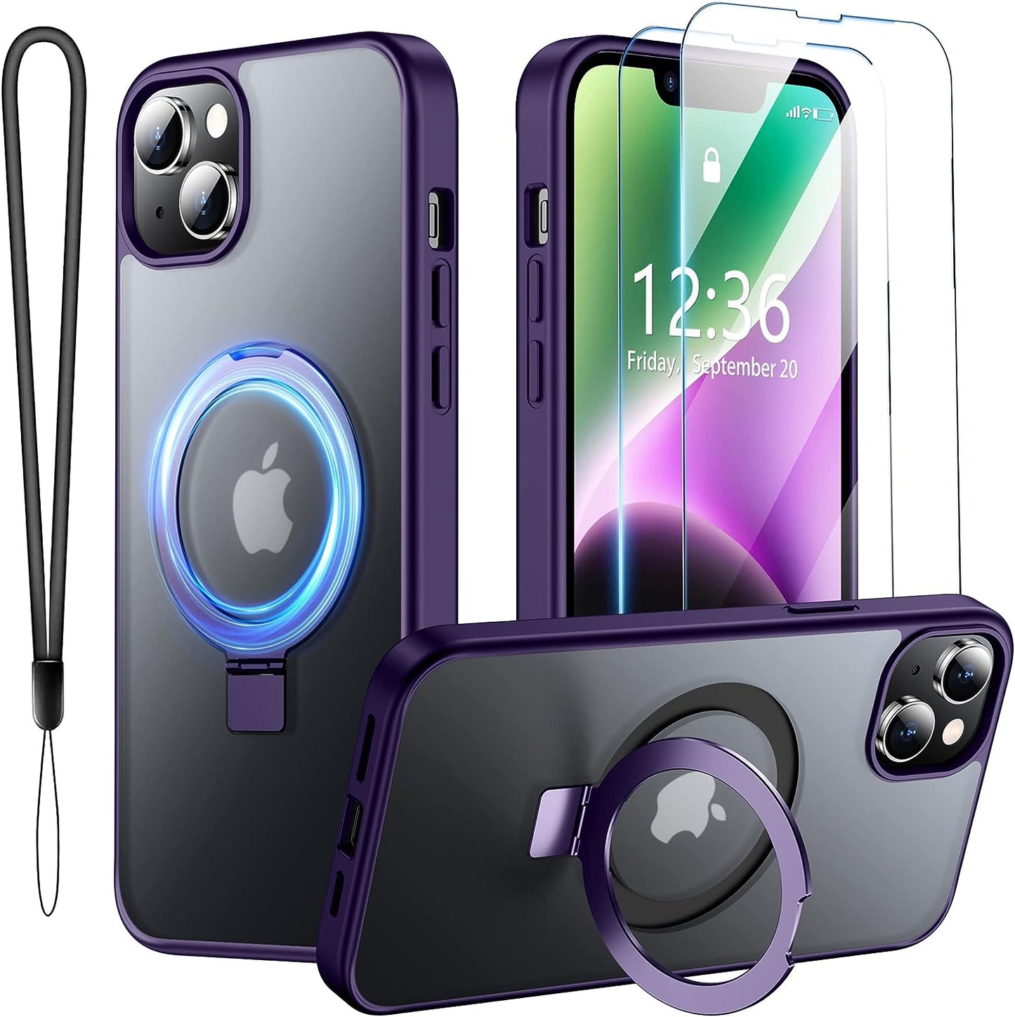 SPIDERCASE for Iphone 14 plus Case with Magnetic Invisible Stand,[Compatible for Magsafe][Military Grade Shockproof][2 Pack Tempered Glass Screen Protector] Translucent Matte Phone Case, Black  SPIDERCASE Purple Iphone 13/14 